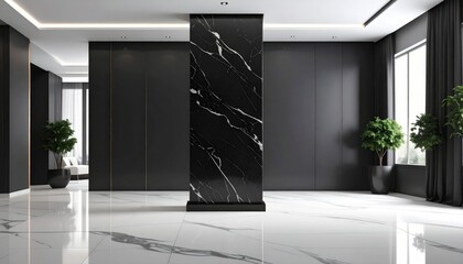 Modern Empty Interior Design With Black Marble Wall And White Marble Floor