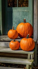 Four Pumpkins on Rustic Wooden Porch Steps in Autumn Sunlight