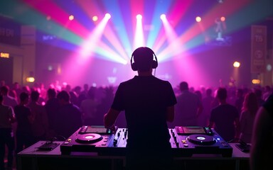 DJ mixing tracks on a booth in a nightclub with colorful lasers show. An amazing club atmosphere with a lof of people dancing to electronic music. High quality