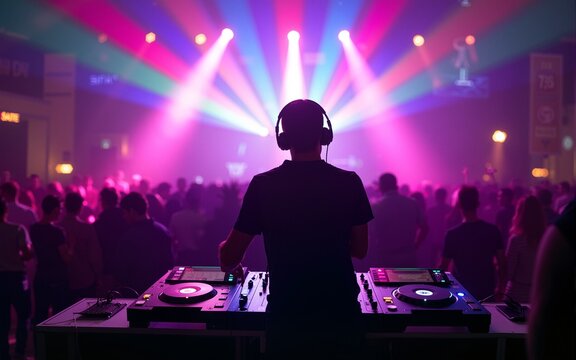 DJ mixing tracks on a booth in a nightclub with colorful lasers show. An amazing club atmosphere with a lof of people dancing to electronic music. High quality