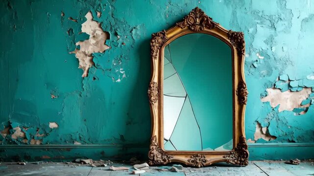 Ornate gold frame broken mirror leaning against turquoise wall with peeling paint resting on distressed wooden floor