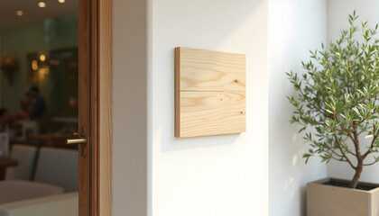 Modern Restaurant Entrance with Wooden Menu Board and Decorative Potted Plant