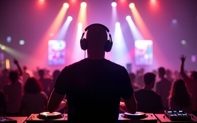 Dj performing at a lively music festival scene. High quality