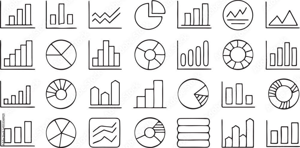 Poster graph and chart icons set in black outline vector for business data and analytics design