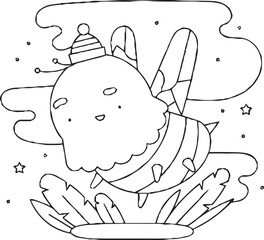 A fun and whimsical black and white doodle artwork showing a group of cute cartoon characters, including a smiling star, a frog, a flower, and other imaginative creatures.