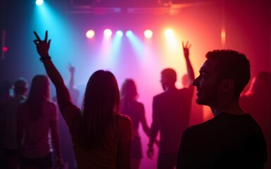 Blurred background revelry shindig. Night party with people are having fun in the rainbow spotlight at a nightclub. High quality