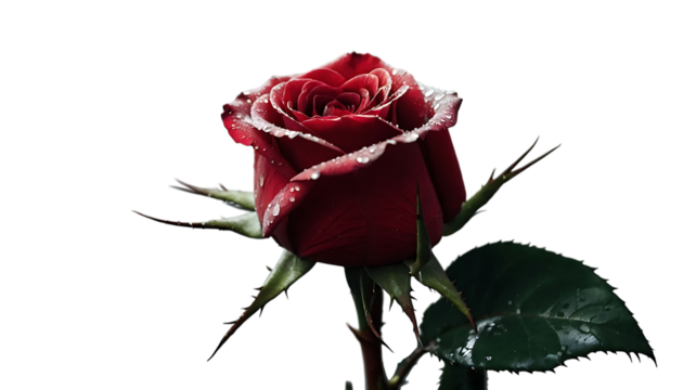 Close up of a single red rose with water droplets on its petals against a black background