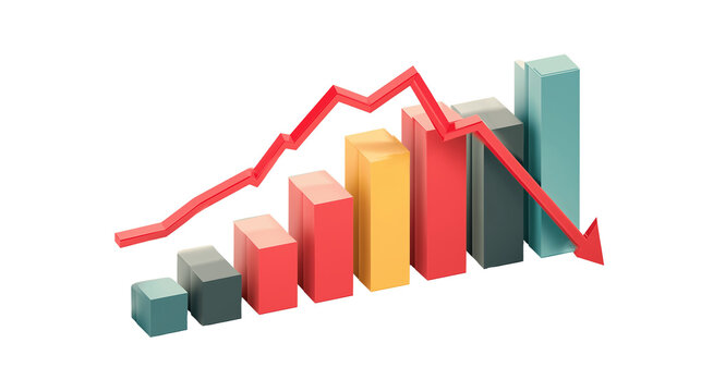 3D graph bar with red line chart overlay showing business loss, modern flat colors, PNG