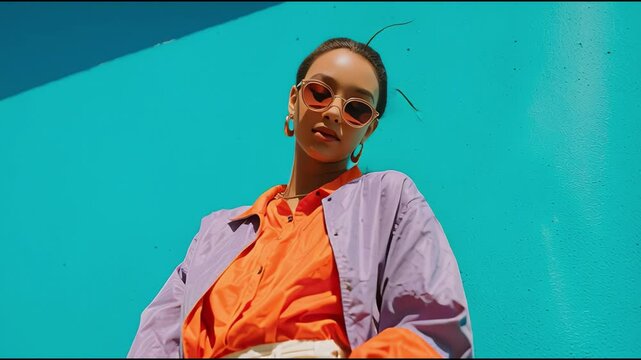 Colorful urban backdrop with model in stylish outfit enjoying a sunny day while posing confidently for the camera - Powered by Adobe