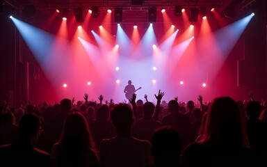 A crowded concert hall with scene stage lights, rock show performance, with people silhouettes during live music show performance with crowd of audience. High quality