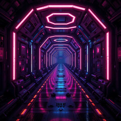 Futuristic Neon Corridor with Geometric Lighting