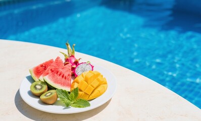 Fruit arrangement on white plate reflecting healthy lifestyle and tropical relaxation