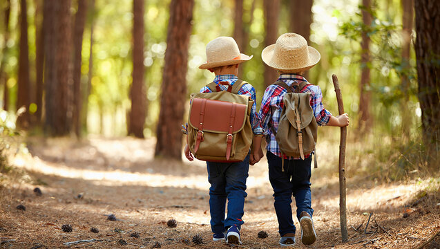 Two young boys with backpacks and straw hats walk hand in hand on a forest path
