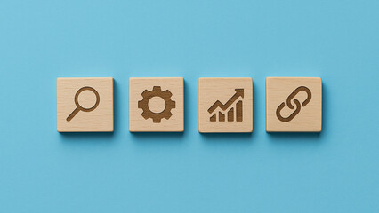 Conceptual visual with gear mechanism, hyperlink, rising economic chart, and data search icon, illustrating the foundation of smart analytics, connectivity, and scalable financial growth