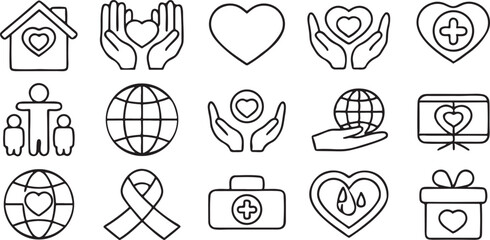 Charity and Donation Icon Collection in Black Line Style for Help and Fundraising