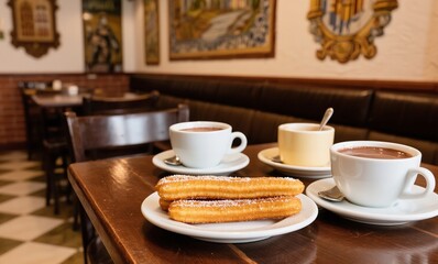 Authentic Madrid breakfast with churros and ceramic cups of thick cocoa