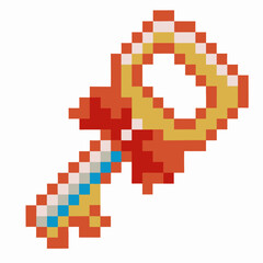 Fototapeta premium Pixel art golden key with red bow retro vintage game icon, digital unlocked symbol, isolated on white background