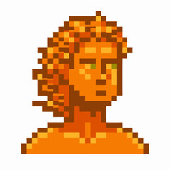 Obraz premium Pixel art classical sculpture head orange retro 8 bit male bust with curly hair, minimalist ancient statue design