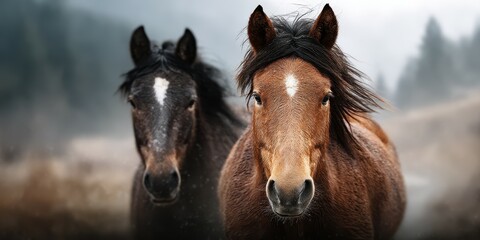 Fototapeta premium Horses walking together in a misty landscape during early morning hours