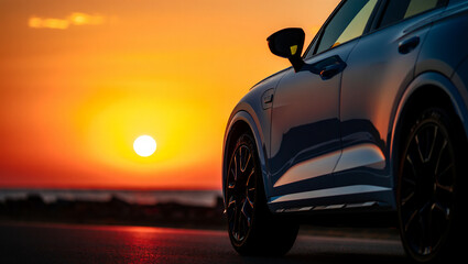 Modern blue electric suv parked on road with stunning sunset over ocean horizon