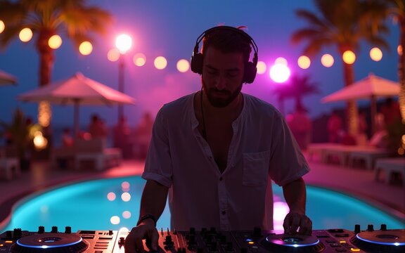DJ is mixing music with deejay controller at outdoor summer pool or beach party - nightlife people lifestyle concept. High quality
