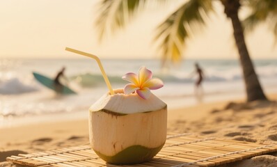 Natural coconut drink scene with flower garnish and relaxing surf backdrop