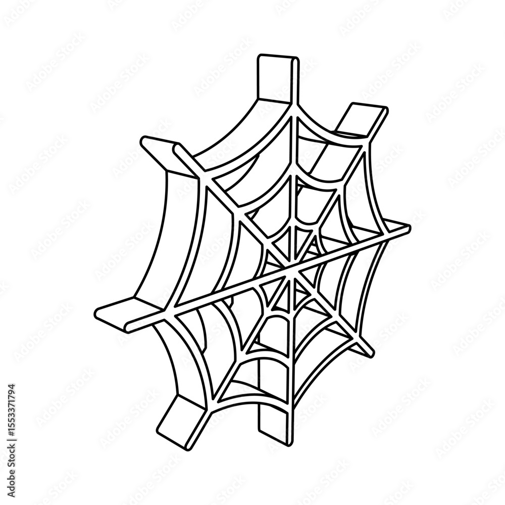Poster the outline of a large spider web symbol is made with black lines. 3d view of the object in perspect