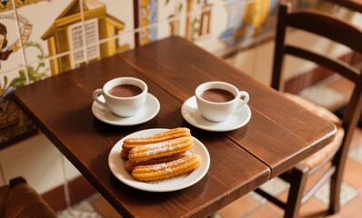 Spanish dessert scene on wooden café table with tiled floor and traditional backdrop
