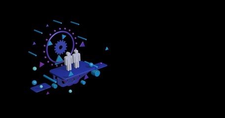 White man with man symbol on a pedestal of abstract geometric shapes floating in the air. Abstract concept art with flying shapes on the left. 3d illustration on black background