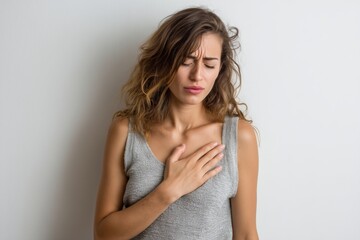 Young woman with chest pain isolated on white background, female suffering from shortness of breath or lung malfunction