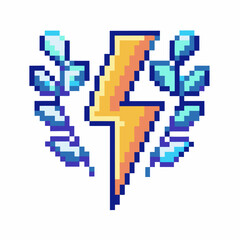 Fototapeta premium Pixel lightning bolt with blue laurel wreath, retro game electric energy, achievement symbol, digital power icon