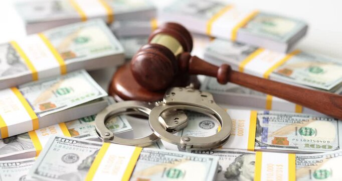 Handcuffs and wooden judge gavel rest on hundred dollar bills. Judicial misconduct and financial criminal activities highlight concept of corruption