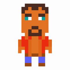 pixelated man character with brown hair, beard, orange shirt, blue pants, minimalist block art, retro video game