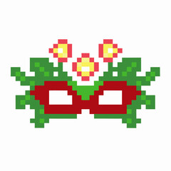 Obraz premium Pixel carnival mask decorated with green leaves and red flowers retro digital party costume, festive floral disguise