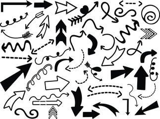 Hand drawn arrow set featuring curved, straight, dotted, and swirled arrows design, arrow vector for creative design, presentations, infographics, and decorative purposes.