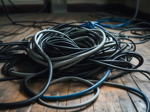 a collection of electronic cables with various types of connectors on the work desk