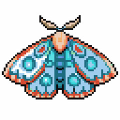 Fototapeta premium Detailed pixel art moth with blue wings and geometric patterns symmetrical design, isolated bug illustration for digital use