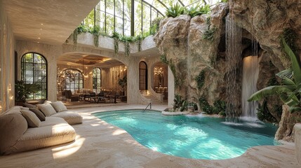 Luxurious indoor swimming pool with waterfall feature.
