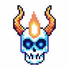 Fototapeta premium Pixel art flaming skull with orange horns and blue eyes retro video game fantasy monster icon, fire and danger concept