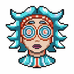 Surprised scientist with spiky blue hair pixel art character, hypnotized eyes, retro video game avatar, shocked expression