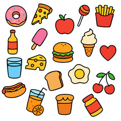 Colorful food and drink icons including donut pizza apple fries burger ice cream hot dog and more in playful style