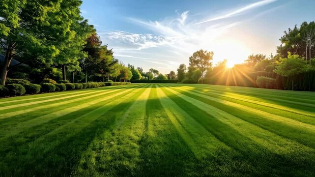 Beautiful manicured lawn with striped pattern at sunset and green trees framing the landscape providing a sense of tranquility and peace