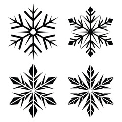 A Set of four black snowflake icons with reflection, isolated on a white background