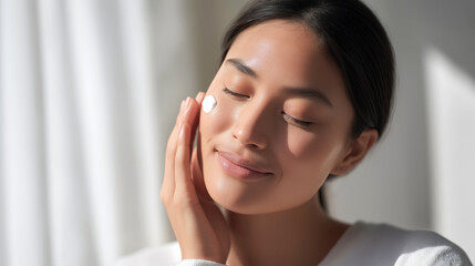 Applying moisturizer on face indoor setting portrait calm environment