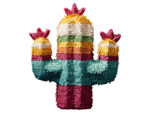 Colorful pinata cactus illustration with vibrant stripes and flower like tops. Isolated on a transparent background, suitable for children's themes.