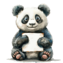 A cute cartoon panda holding a white blank sign. The panda has black and white fur, round face, and big expressive eyes. It sits on a transparent background, ideal for children's illustrations.