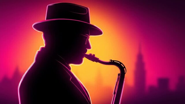 Saxophonist Silhouette at Sunset - A stylized silhouette of a saxophonist in a fedora playing his instrument against a vibrant sunset backdrop with a blurred city skyline.
