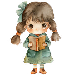 A cute cartoon girl with brown hair in pigtails, wearing a green dress and holding a book. She has a bow in her hair and a cheerful expression. Isolated on transparent background PNG