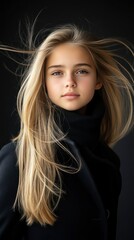 Fototapeta premium Portrait of a Young Woman with Long Blonde Hair, Wearing a Black Coat