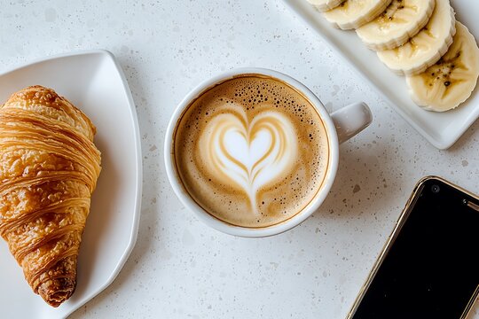 Delicious breakfast spread with a croissant latte art coffee sliced bananas and a smartphone - Powered by Adobe